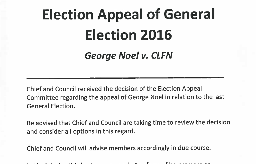 Notice Re: Election Appeal of General Election 2016